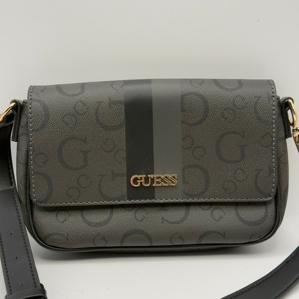 Guess Women Charcoal Grey Black Logo Print Crossbody Bag Gold Tone Hardware